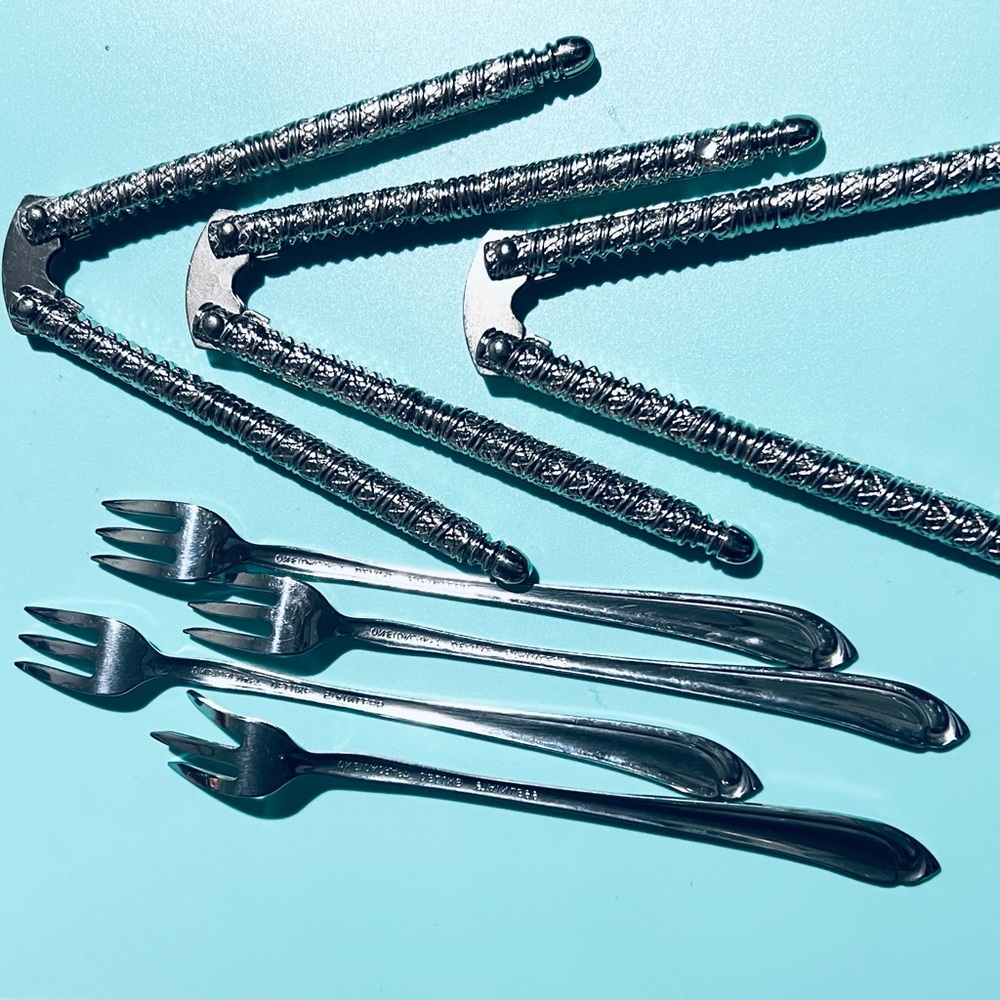 VTG   Lot 3 Metal Handheld Nut Crackers  and 4 Small Forks